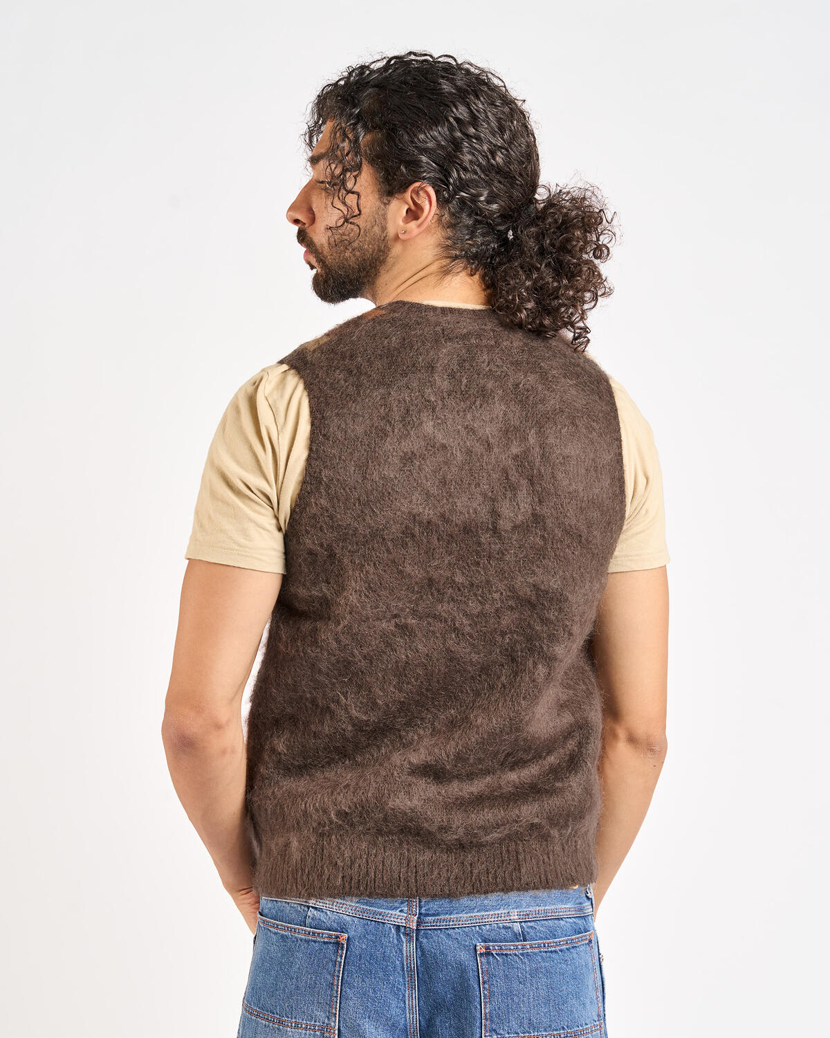Beams+ Knit Vest Double Jacquard Argyle Pattern Mohair